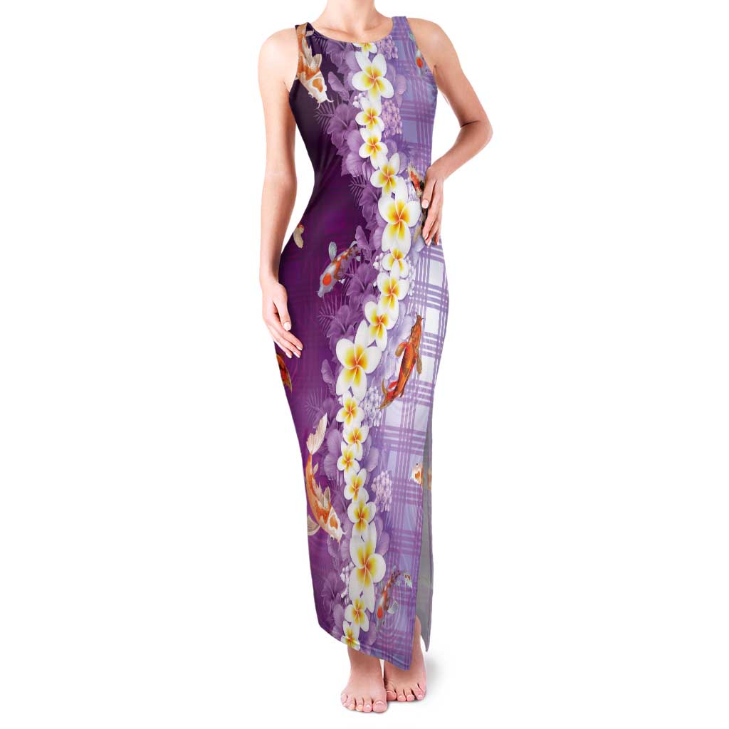 Hawaii And Japan Tank Maxi Dress Plumeria Lei With Koi Fish Purple LT05 Women Purple - Polynesian Pride