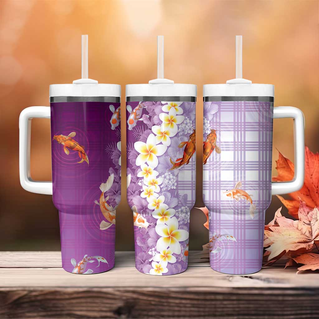 Hawaii And Japan Tumbler With Handle Plumeria Lei With Koi Fish Purple LT05 - Polynesian Pride
