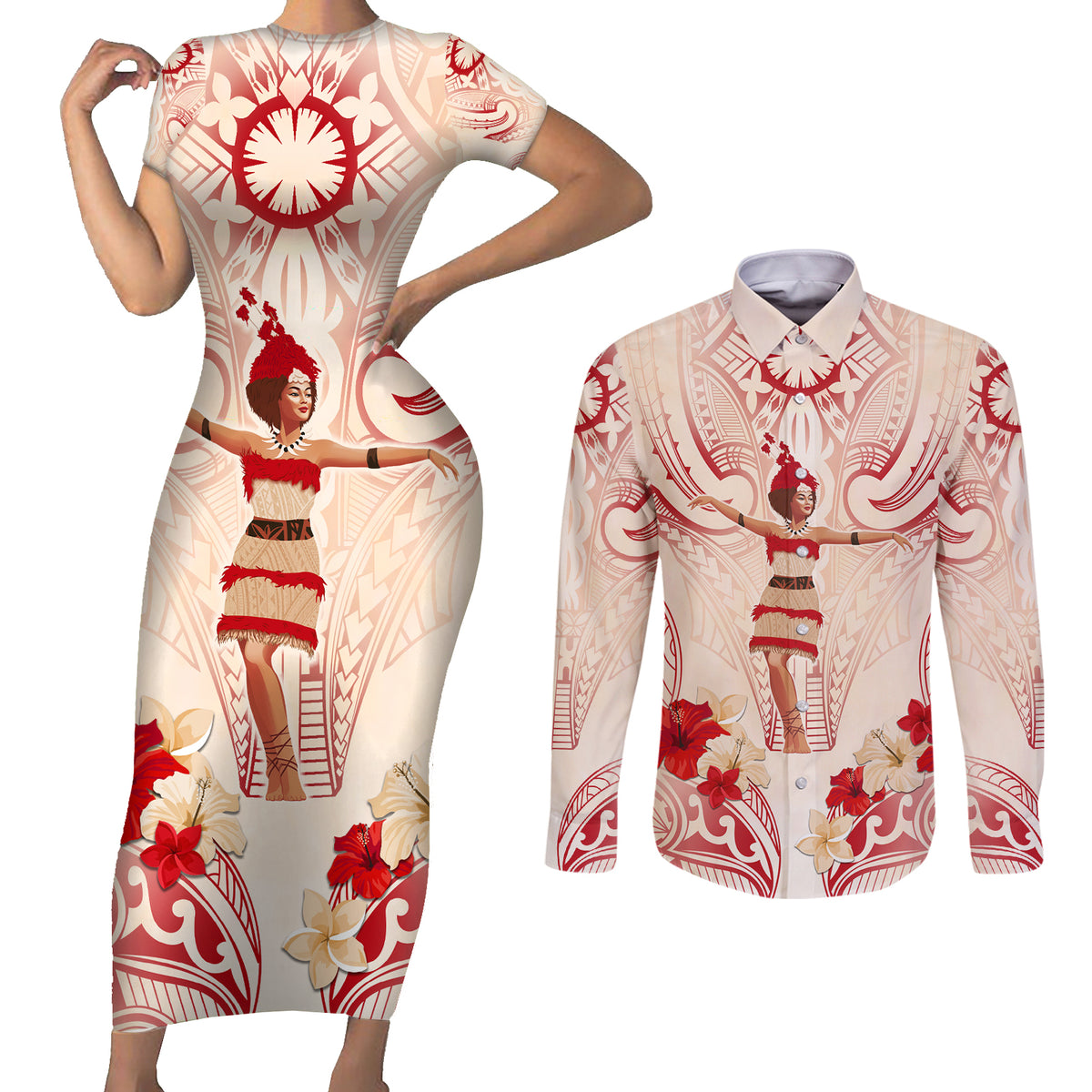 Siva Samoa Couples Matching Short Sleeve Bodycon Dress and Long Sleeve Button Shirt Samoan Taupou With Polynesian Pattern LT05 Beige - Polynesian Pride