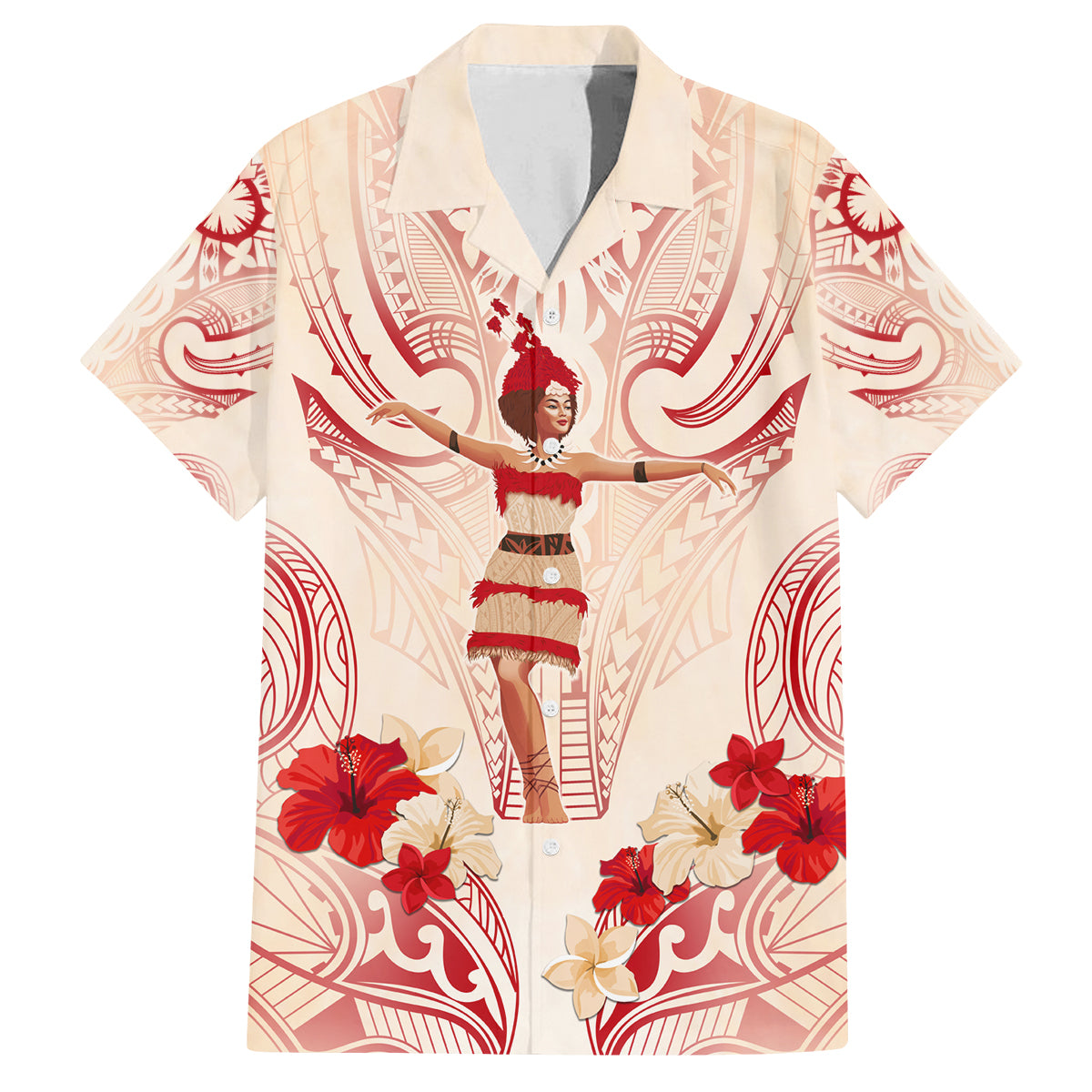 Siva Samoa Family Matching Tank Maxi Dress and Hawaiian Shirt Samoan Taupou With Polynesian Pattern LT05 Dad's Shirt - Short Sleeve Beige - Polynesian Pride