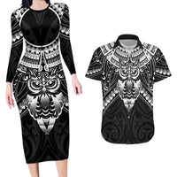 New Zealand Morepork Couples Matching Long Sleeve Bodycon Dress and Hawaiian Shirt Maori Pattern Black