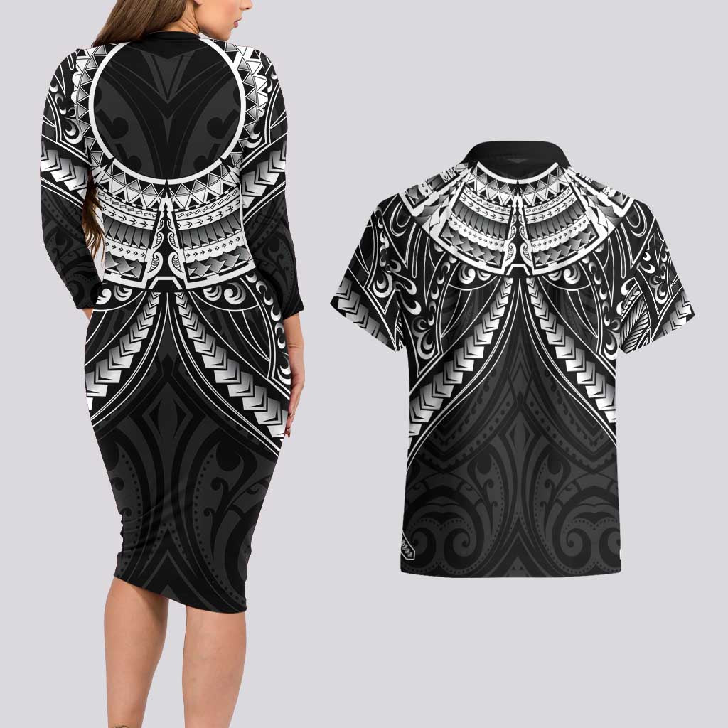 New Zealand Morepork Couples Matching Long Sleeve Bodycon Dress and Hawaiian Shirt Maori Pattern Black