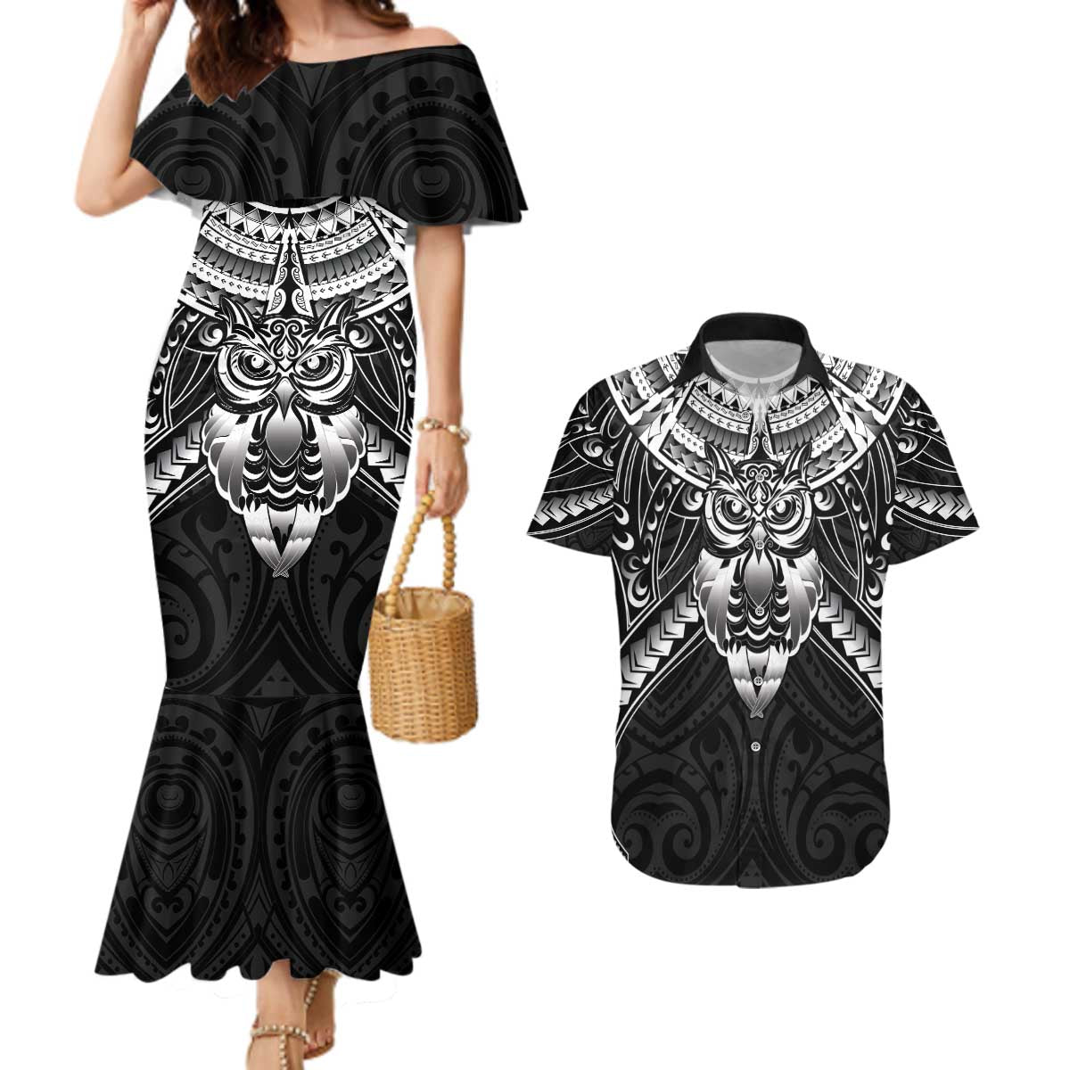New Zealand Morepork Couples Matching Mermaid Dress and Hawaiian Shirt Maori Pattern Black