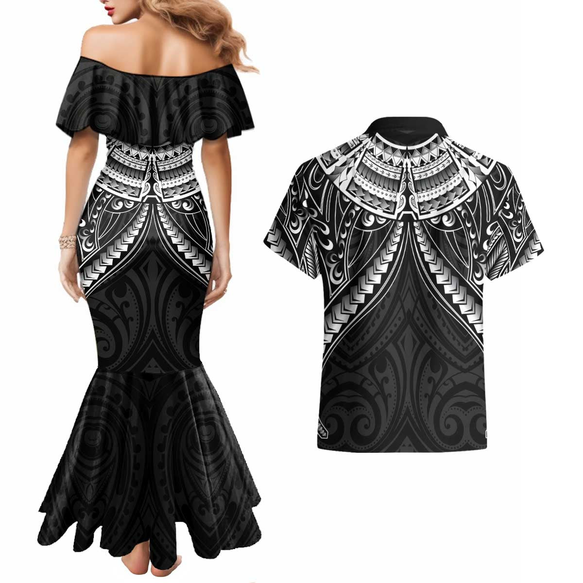 New Zealand Morepork Couples Matching Mermaid Dress and Hawaiian Shirt Maori Pattern Black