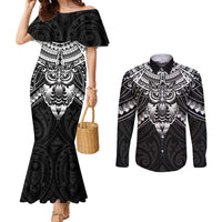 New Zealand Morepork Couples Matching Mermaid Dress and Long Sleeve Button Shirt Maori Pattern Black