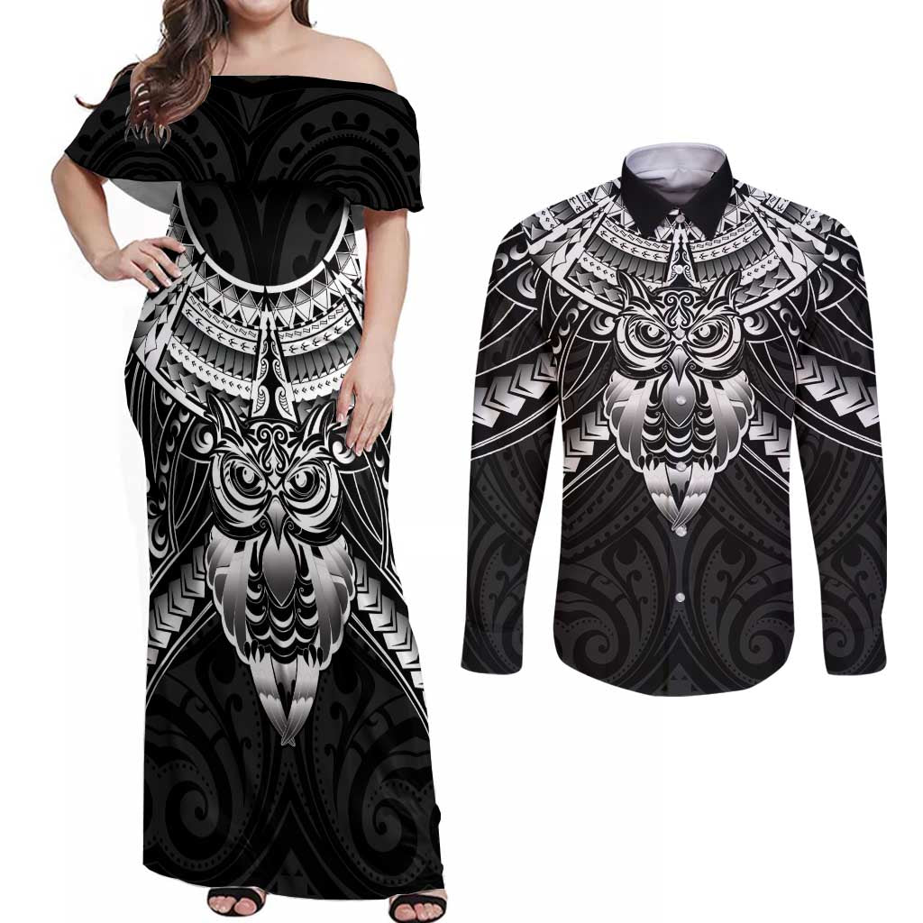 New Zealand Morepork Couples Matching Off Shoulder Maxi Dress and Long Sleeve Button Shirt Maori Pattern Black LT05 Black - Polynesian Pride