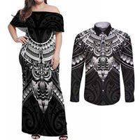 New Zealand Morepork Couples Matching Off Shoulder Maxi Dress and Long Sleeve Button Shirt Maori Pattern Black