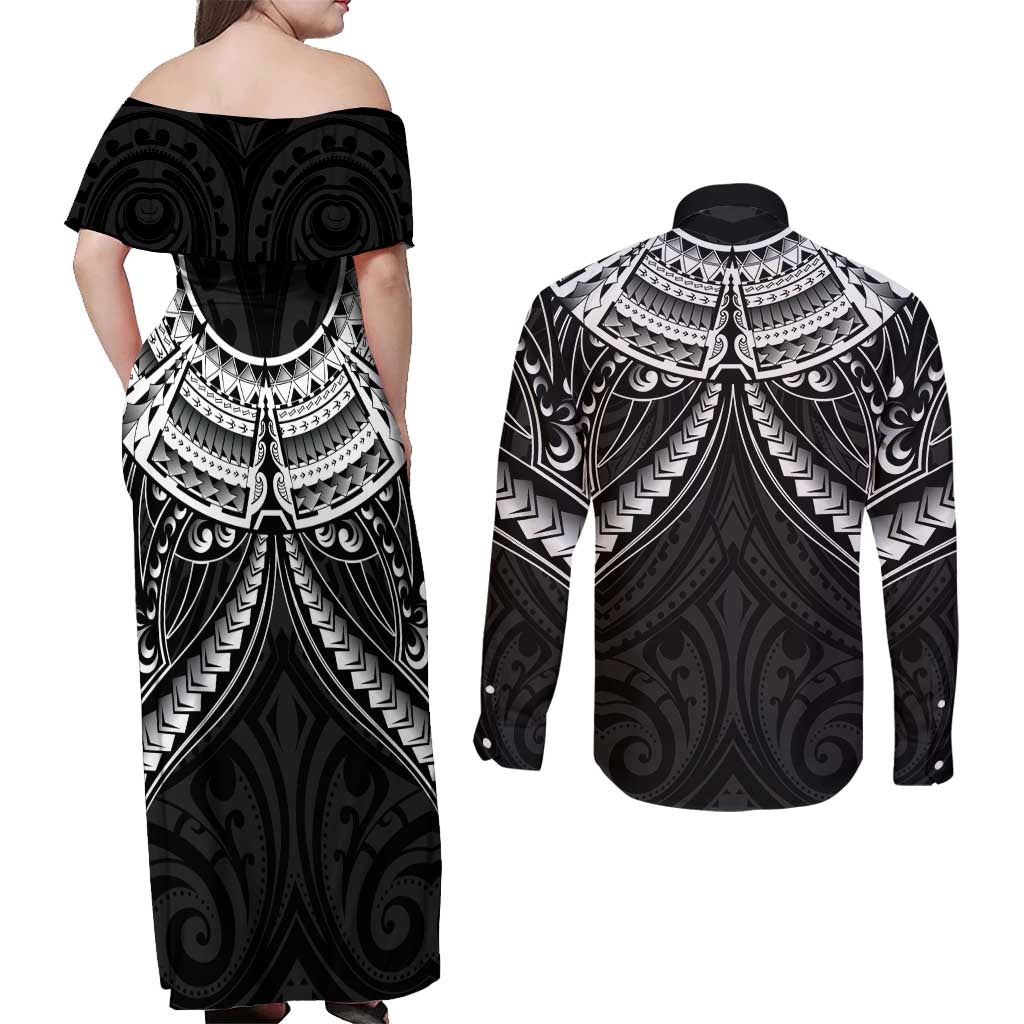 New Zealand Morepork Couples Matching Off Shoulder Maxi Dress and Long Sleeve Button Shirt Maori Pattern Black