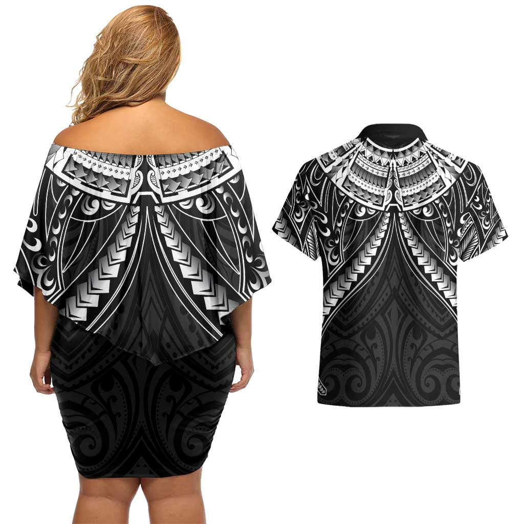 New Zealand Morepork Couples Matching Off Shoulder Short Dress and Hawaiian Shirt Maori Pattern Black