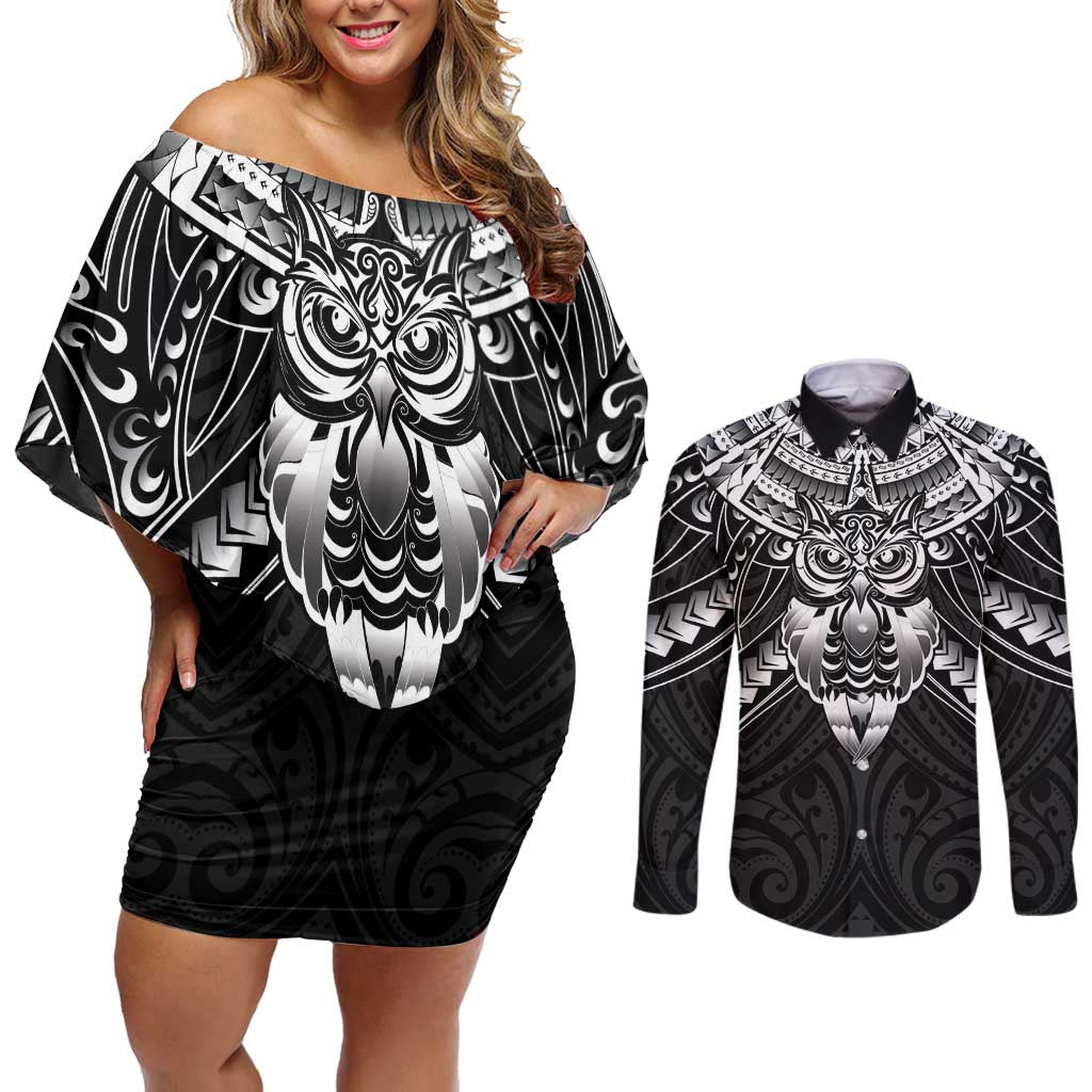 New Zealand Morepork Couples Matching Off Shoulder Short Dress and Long Sleeve Button Shirt Maori Pattern Black LT05 Black - Polynesian Pride