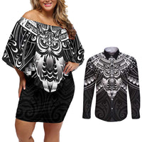 New Zealand Morepork Couples Matching Off Shoulder Short Dress and Long Sleeve Button Shirt Maori Pattern Black