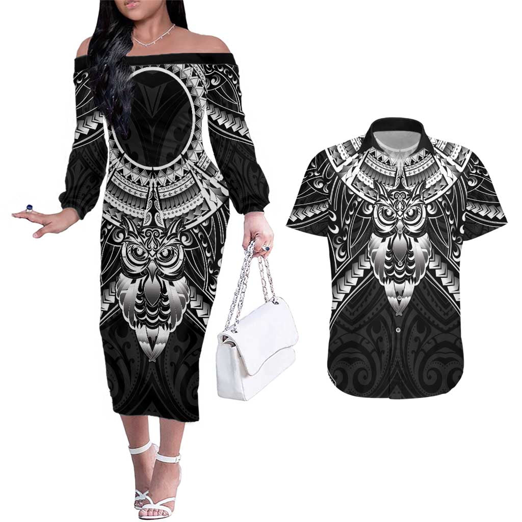 New Zealand Morepork Couples Matching Off The Shoulder Long Sleeve Dress and Hawaiian Shirt Maori Pattern Black