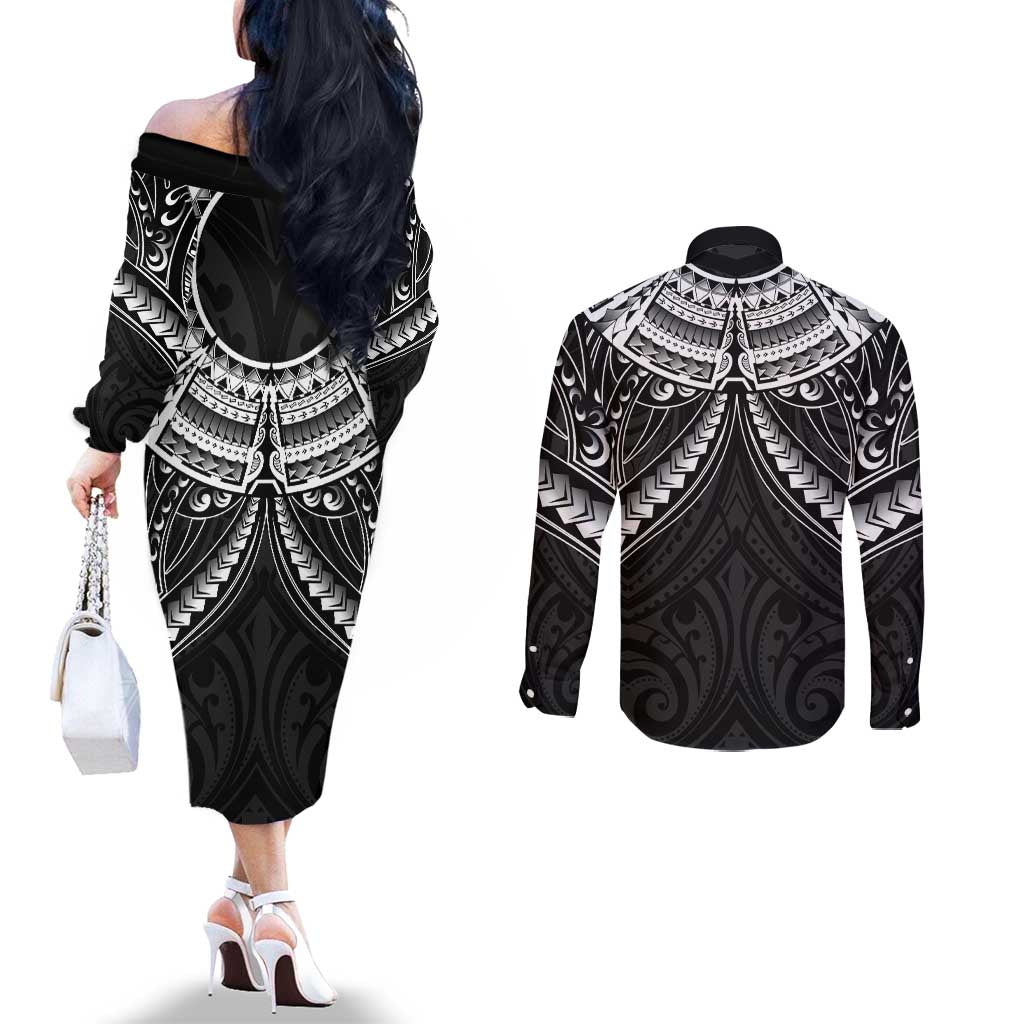 New Zealand Morepork Couples Matching Off The Shoulder Long Sleeve Dress and Long Sleeve Button Shirt Maori Pattern Black