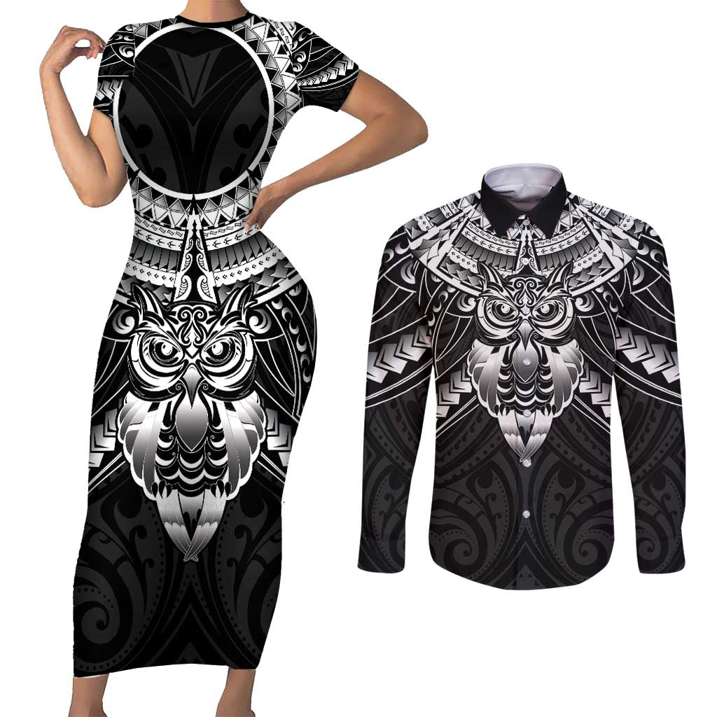 New Zealand Morepork Couples Matching Short Sleeve Bodycon Dress and Long Sleeve Button Shirt Maori Pattern Black LT05 Black - Polynesian Pride