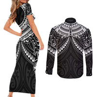 New Zealand Morepork Couples Matching Short Sleeve Bodycon Dress and Long Sleeve Button Shirt Maori Pattern Black LT05 - Polynesian Pride