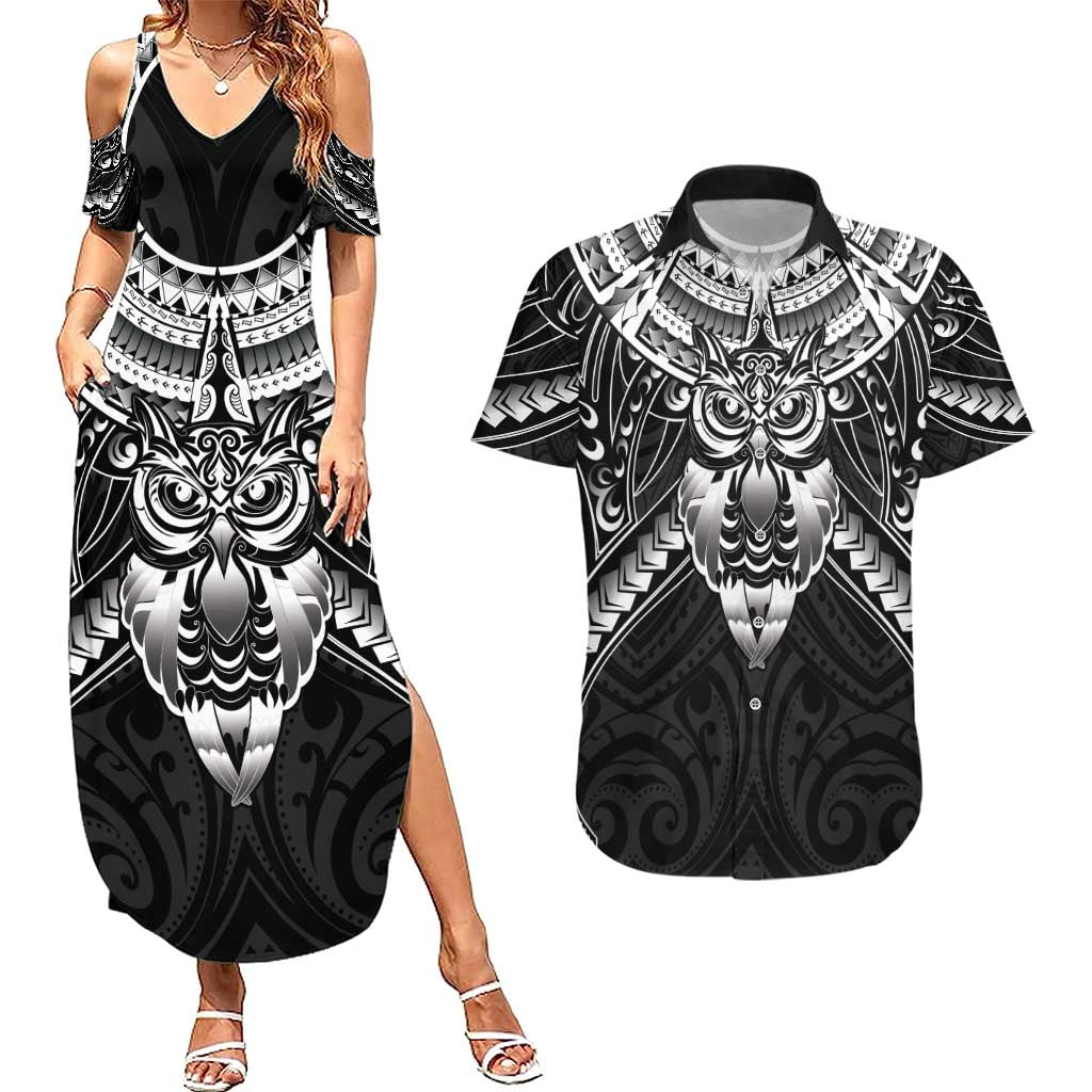 New Zealand Morepork Couples Matching Summer Maxi Dress and Hawaiian Shirt Maori Pattern Black