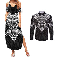 New Zealand Morepork Couples Matching Summer Maxi Dress and Long Sleeve Button Shirt Maori Pattern Black