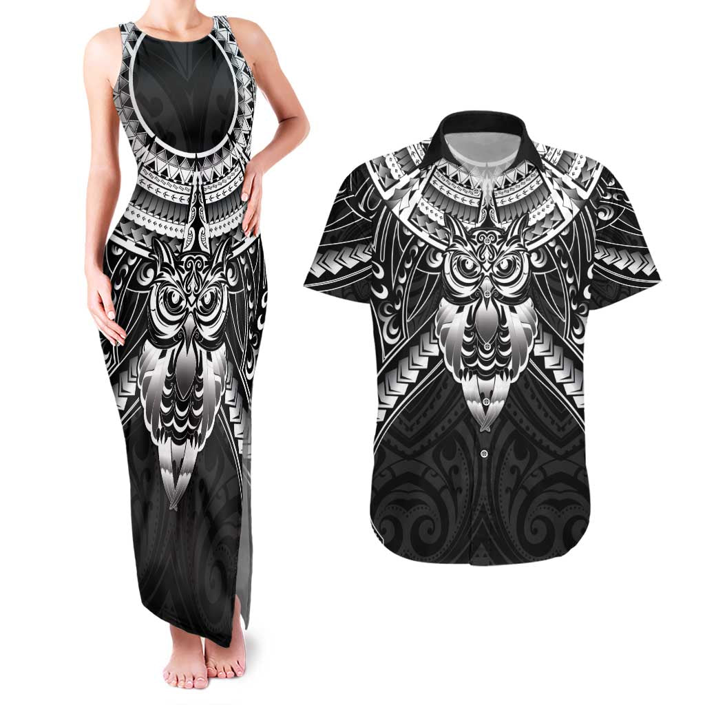 New Zealand Morepork Couples Matching Tank Maxi Dress and Hawaiian Shirt Maori Pattern Black