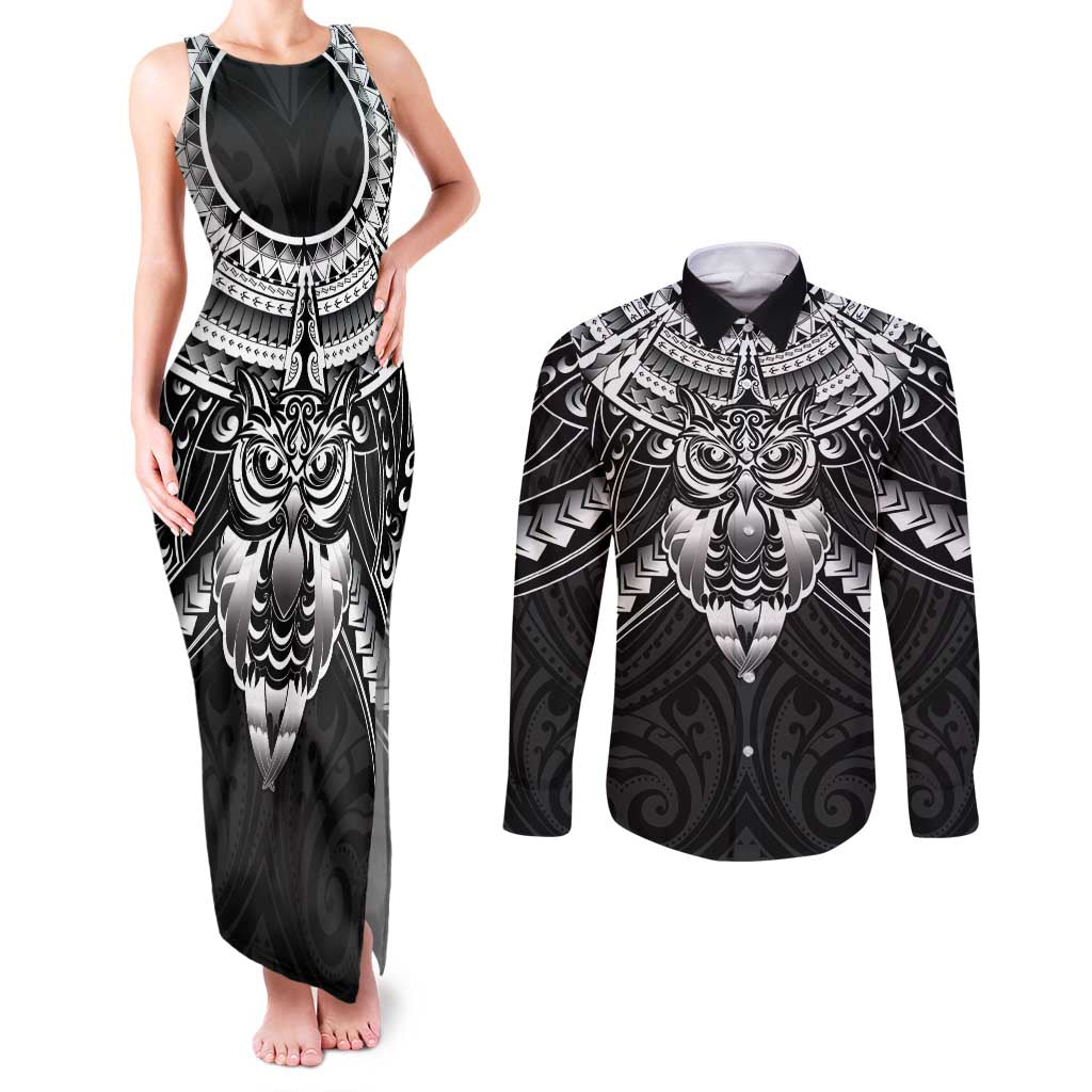 New Zealand Morepork Couples Matching Tank Maxi Dress and Long Sleeve Button Shirt Maori Pattern Black LT05 Black - Polynesian Pride