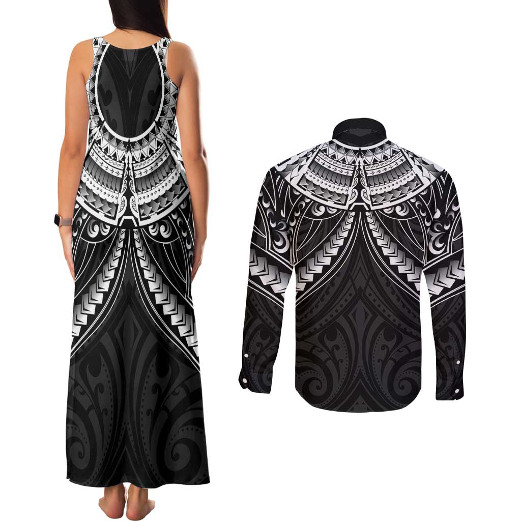 New Zealand Morepork Couples Matching Tank Maxi Dress and Long Sleeve Button Shirt Maori Pattern Black