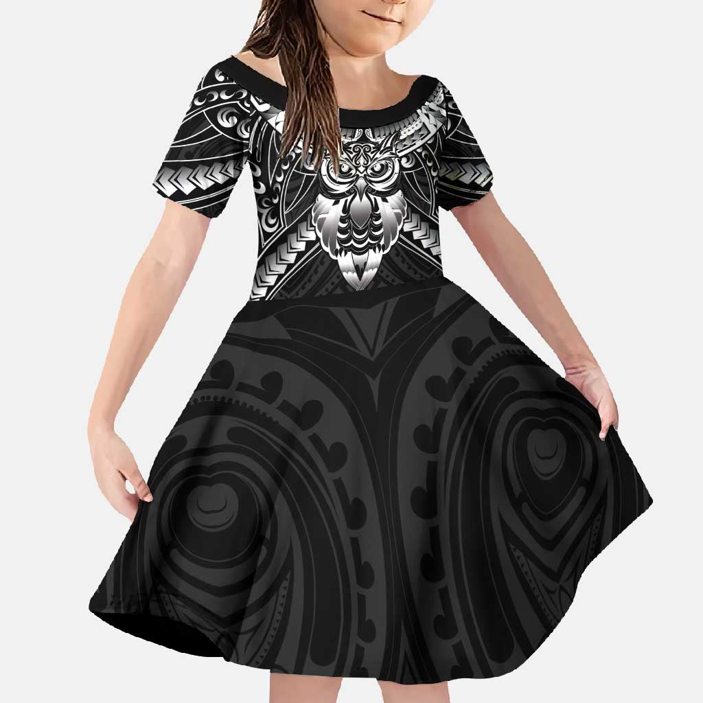 New Zealand Morepork Family Matching Mermaid Dress and Hawaiian Shirt Maori Pattern Black