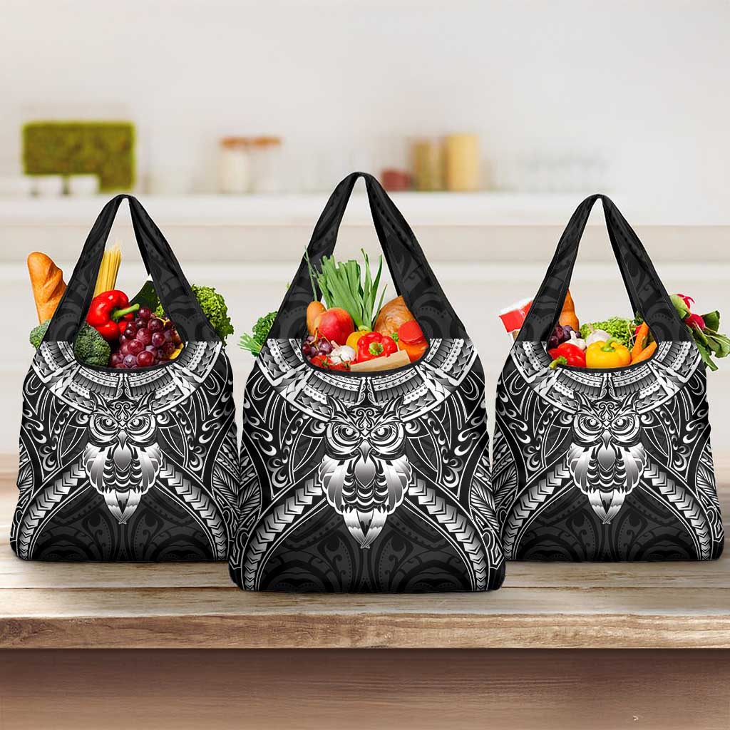 New Zealand Morepork Grocery Bag Maori Pattern Black