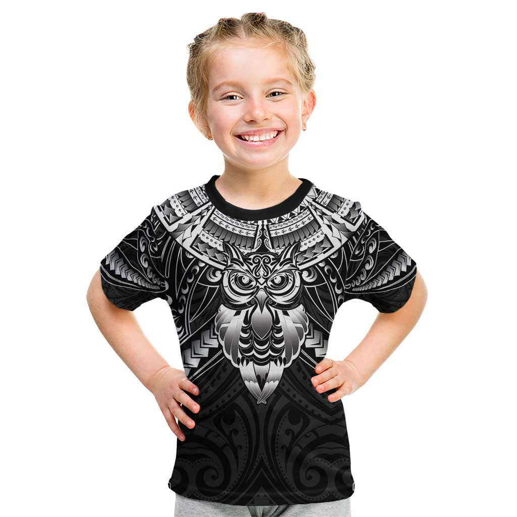 New Zealand Morepork Kid T Shirt Maori Pattern Black
