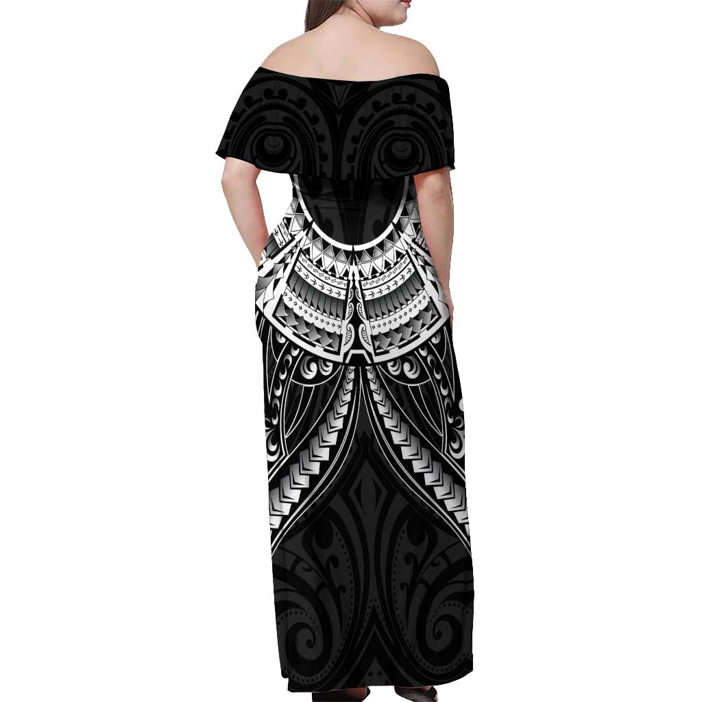 New Zealand Morepork Off Shoulder Maxi Dress Maori Pattern Black
