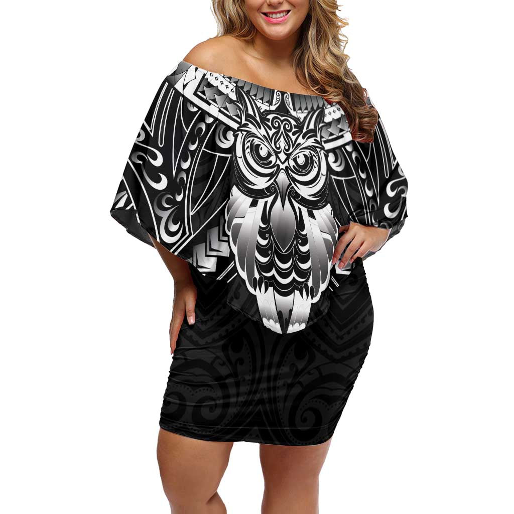 New Zealand Morepork Off Shoulder Short Dress Maori Pattern Black