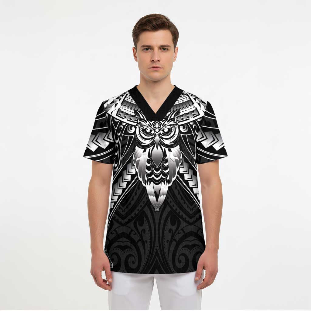 New Zealand Morepork Scrub Top Maori Pattern Black - Polynesian Pride