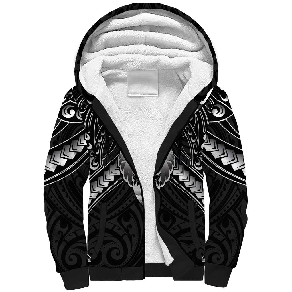 New Zealand Morepork Sherpa Hoodie Maori Pattern Black