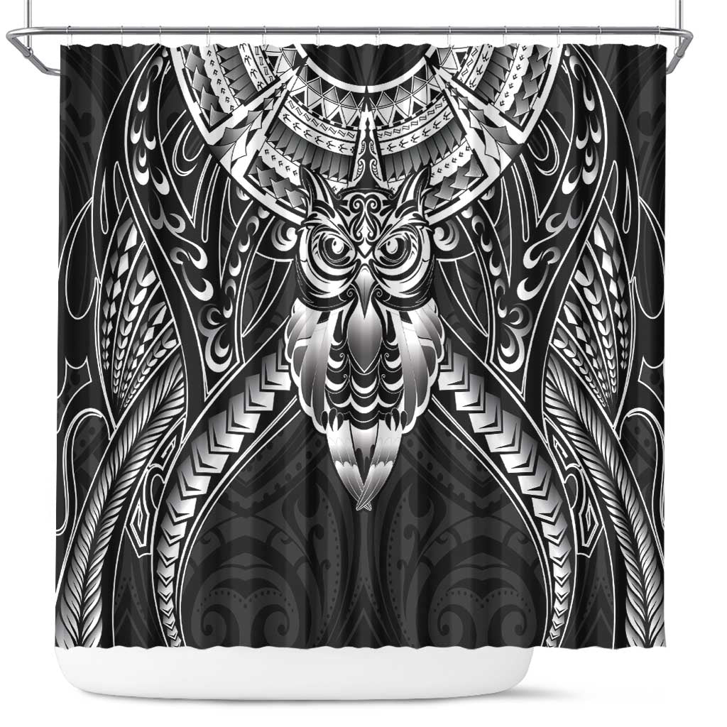 New Zealand Morepork Shower Curtain Maori Pattern Black