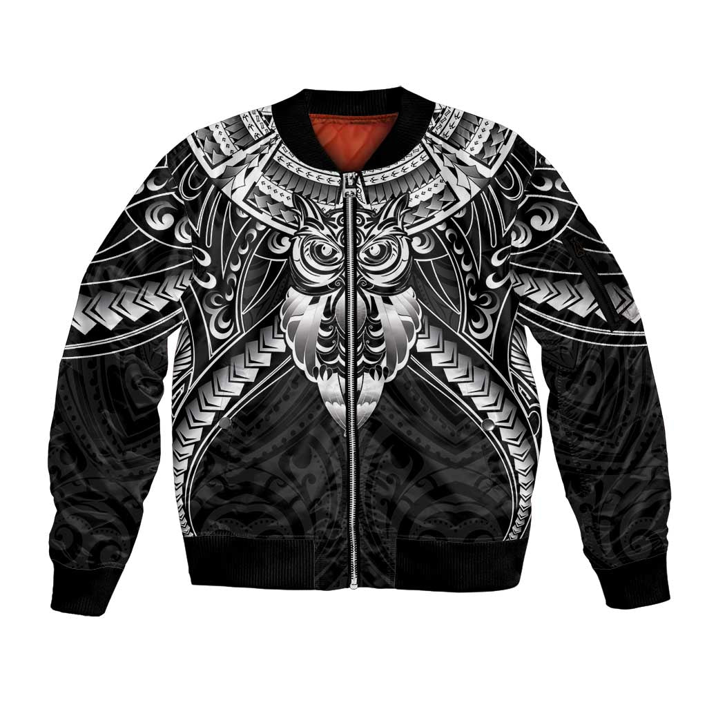 New Zealand Morepork Sleeve Zip Bomber Jacket Maori Pattern Black