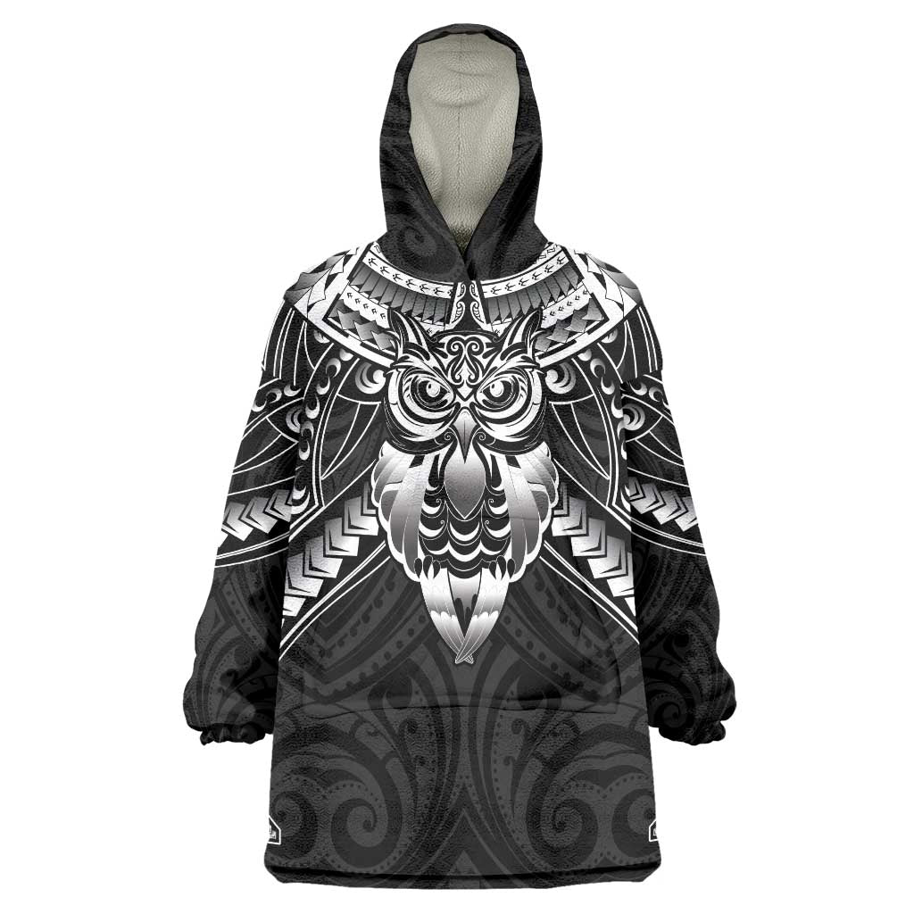 New Zealand Morepork Wearable Blanket Hoodie Maori Pattern Black