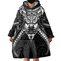 New Zealand Morepork Wearable Blanket Hoodie Maori Pattern Black