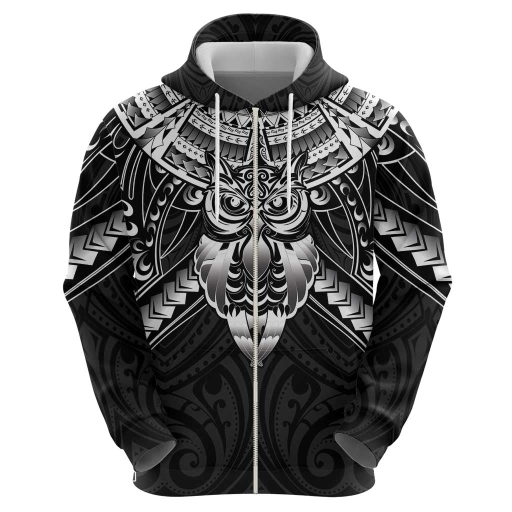 New Zealand Morepork Zip Hoodie Maori Pattern Black