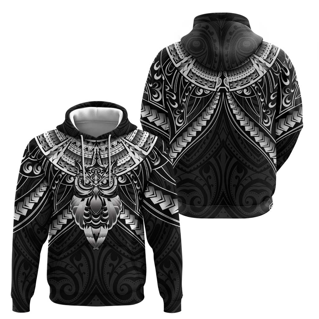 New Zealand Morepork Zip Hoodie Maori Pattern Black