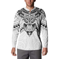 New Zealand Morepork Button Sweatshirt Maori Pattern White