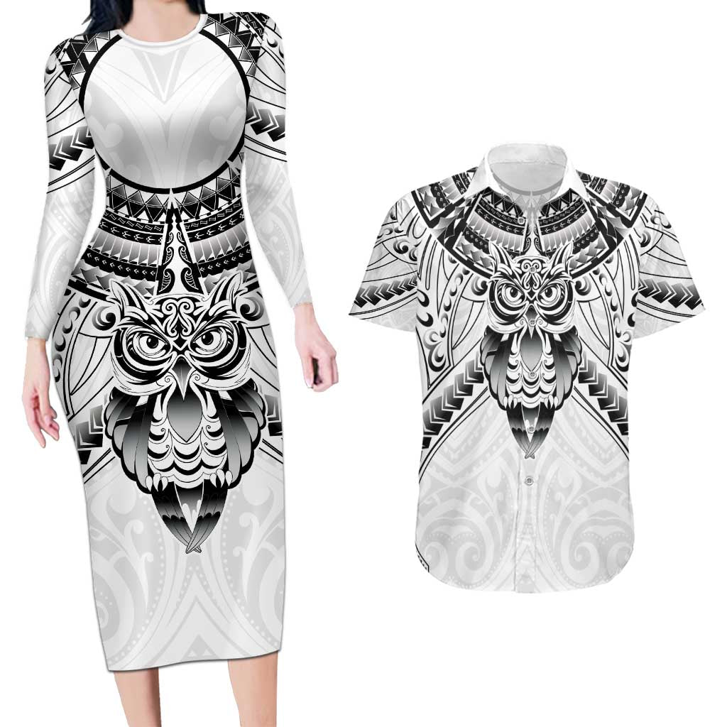 New Zealand Morepork Couples Matching Long Sleeve Bodycon Dress and Hawaiian Shirt Maori Pattern White