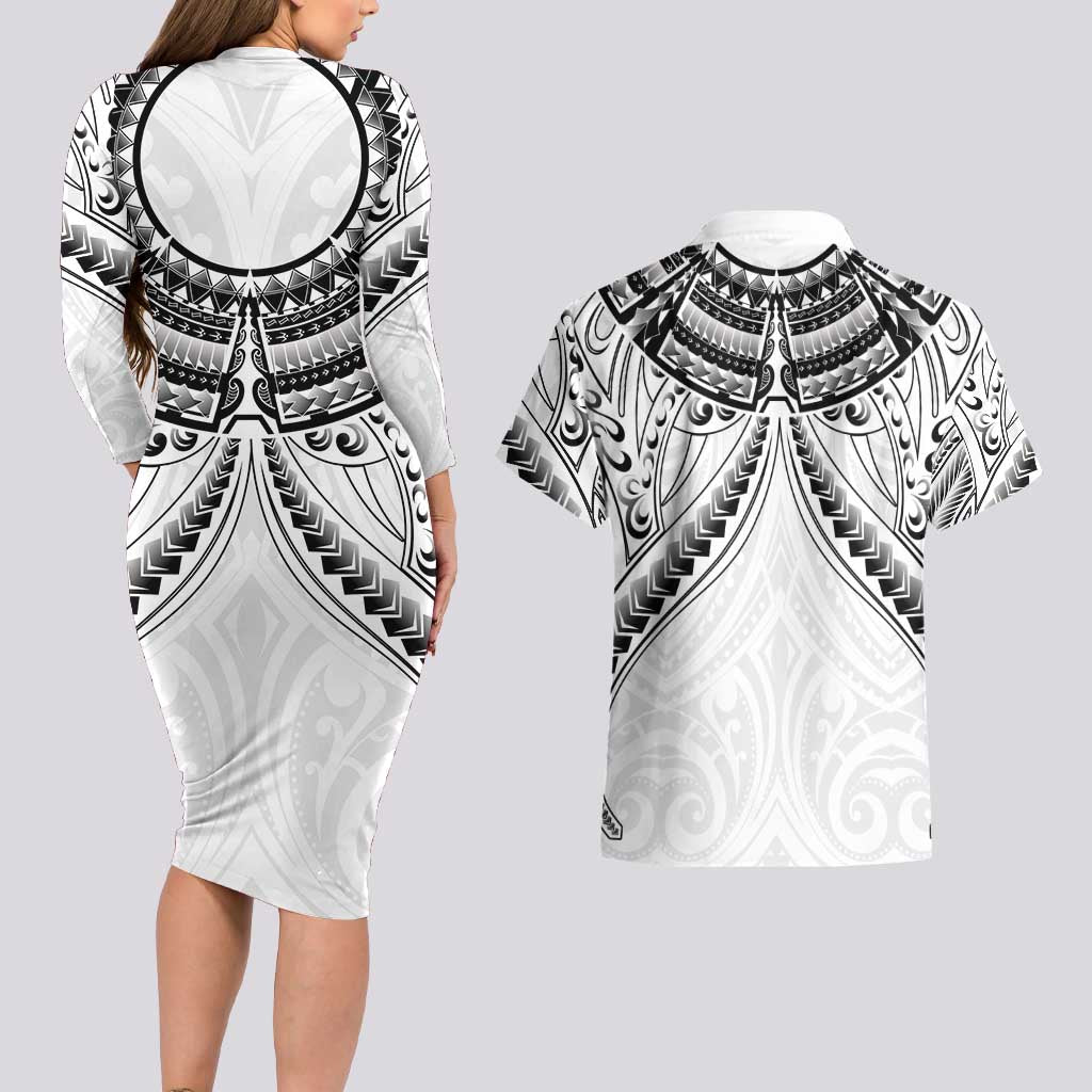 New Zealand Morepork Couples Matching Long Sleeve Bodycon Dress and Hawaiian Shirt Maori Pattern White