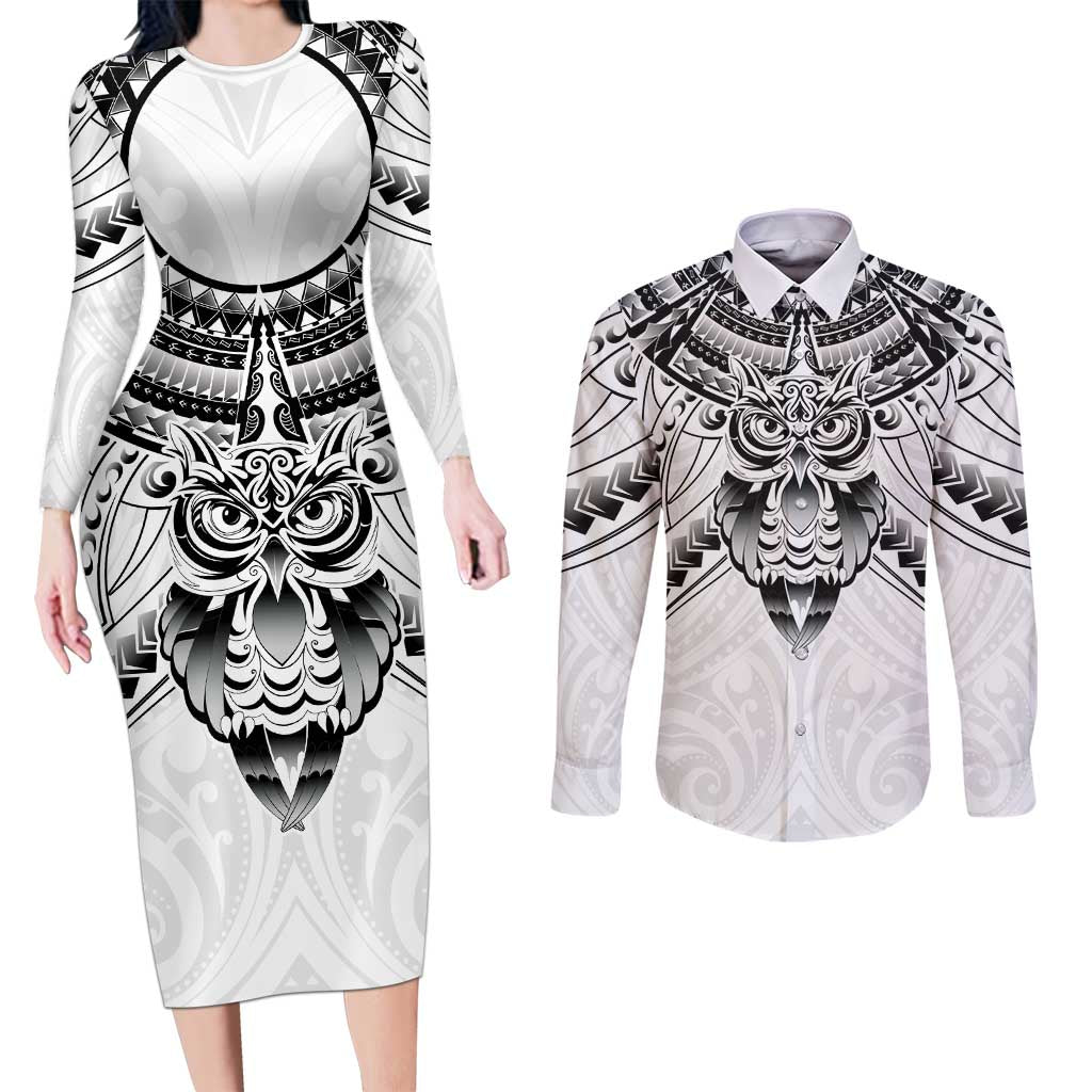New Zealand Morepork Couples Matching Long Sleeve Bodycon Dress and Long Sleeve Button Shirt Maori Pattern White LT05 White - Polynesian Pride