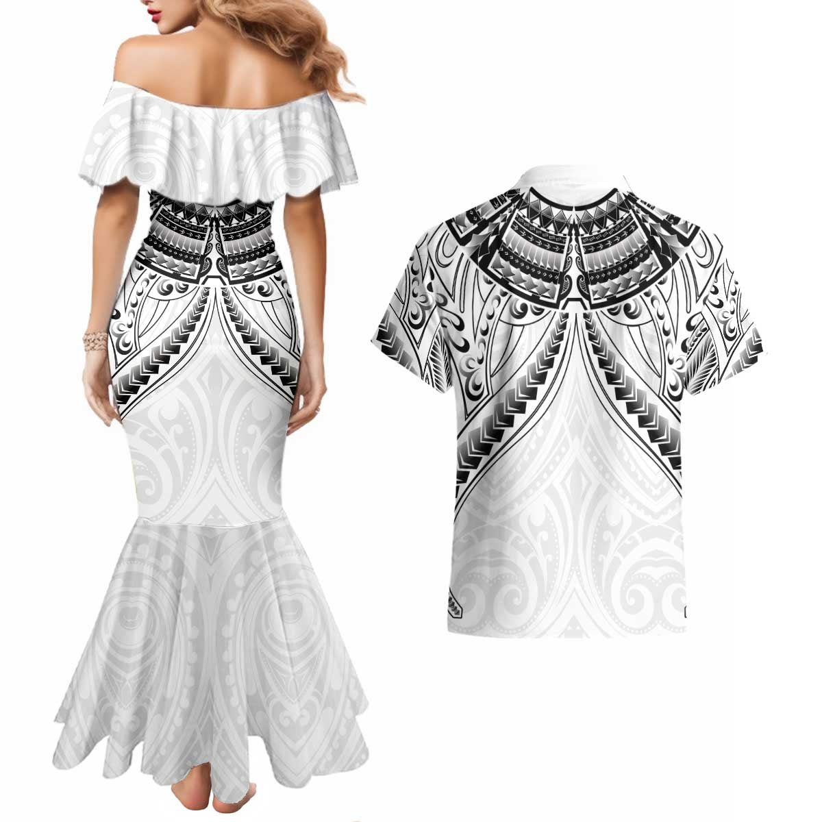 New Zealand Morepork Couples Matching Mermaid Dress and Hawaiian Shirt Maori Pattern White