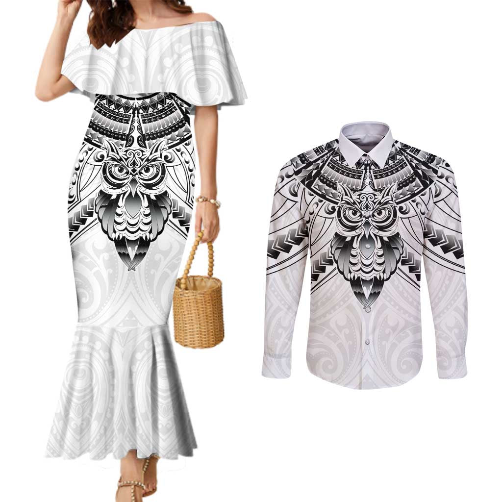 New Zealand Morepork Couples Matching Mermaid Dress and Long Sleeve Button Shirt Maori Pattern White LT05 White - Polynesian Pride
