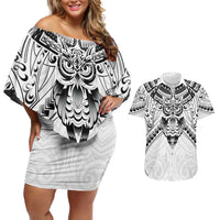 New Zealand Morepork Couples Matching Off Shoulder Short Dress and Hawaiian Shirt Maori Pattern White