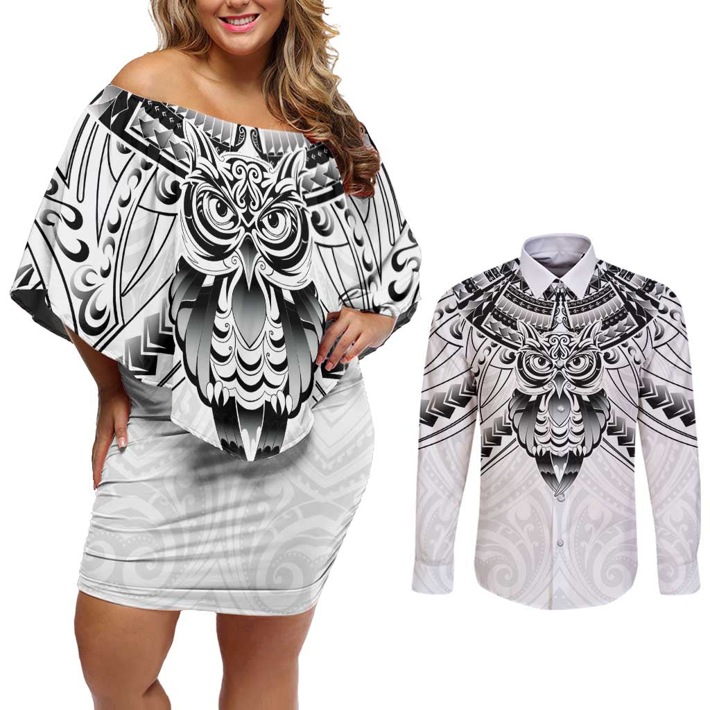 New Zealand Morepork Couples Matching Off Shoulder Short Dress and Long Sleeve Button Shirt Maori Pattern White LT05 White - Polynesian Pride