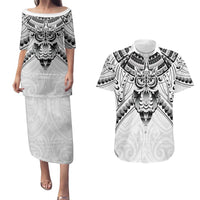 New Zealand Morepork Couples Matching Puletasi and Hawaiian Shirt Maori Pattern White