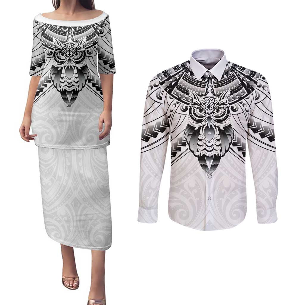 New Zealand Morepork Couples Matching Puletasi and Long Sleeve Button Shirt Maori Pattern White LT05 White - Polynesian Pride
