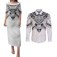 New Zealand Morepork Couples Matching Puletasi and Long Sleeve Button Shirt Maori Pattern White