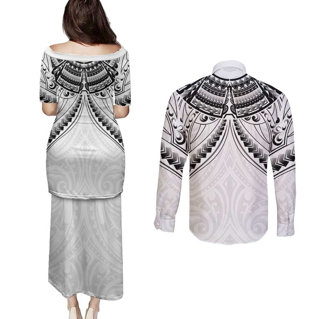 New Zealand Morepork Couples Matching Puletasi and Long Sleeve Button Shirt Maori Pattern White