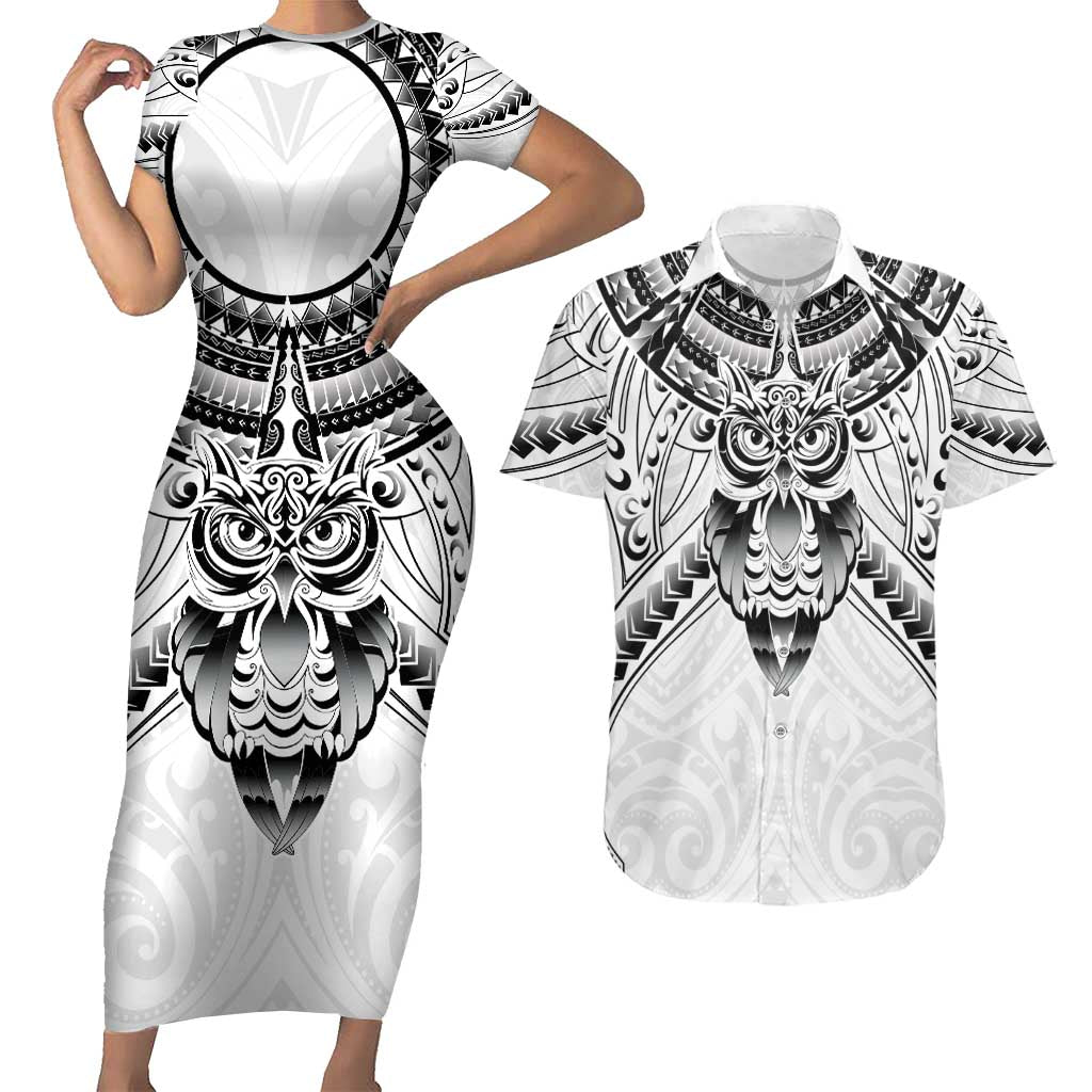 New Zealand Morepork Couples Matching Short Sleeve Bodycon Dress and Hawaiian Shirt Maori Pattern White